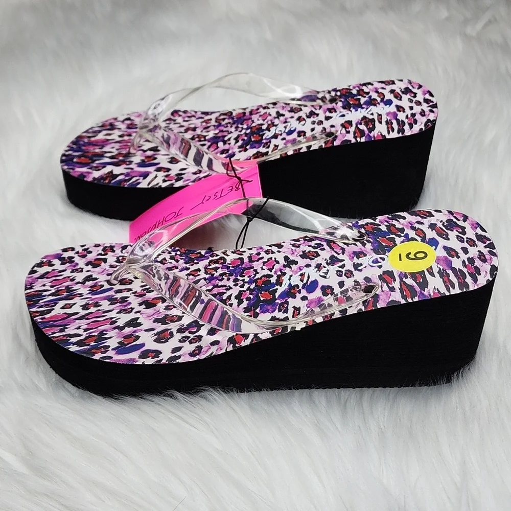 Betsey Johnson Leopard Print Wedge Platform Sandals with Clear Straps